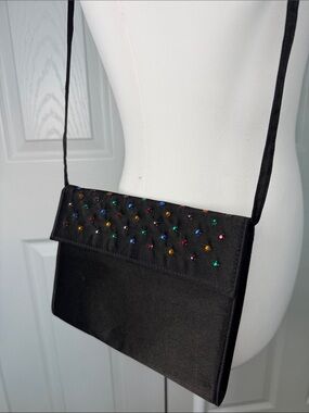 Boho Shirl Miller Black Satin Purse Clutch Rainbow rhinestone Stud Accents Y2K ✨